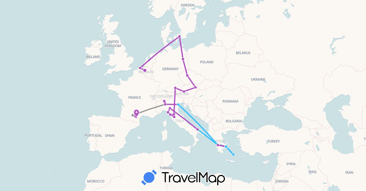 TravelMap itinerary: plane, train, boat in Austria, Belgium, Switzerland, Czech Republic, Germany, Denmark, France, Greece, Italy (Europe)